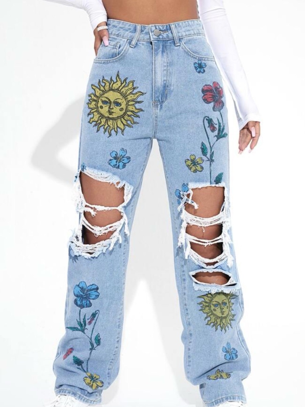 Boho Festival‎ Distressed Light Wash Painted Celestial Wide Leg Ripped Jeans Y2K